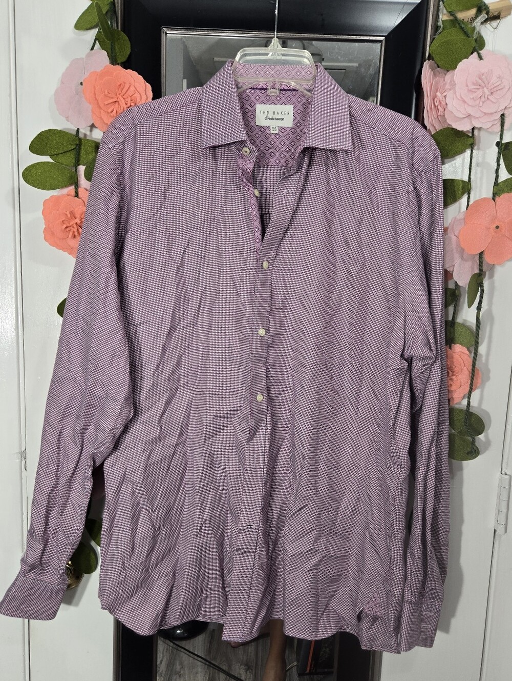 Ted Baker Endurance Dress Shirt Men's 16.5 Pink White Houndstooth Sz 16.5 36/37